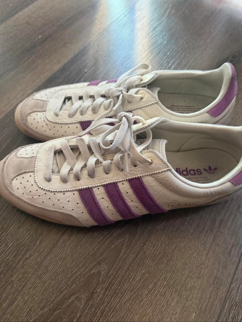 Adidas Japan Women's Off White Leather Sneakers with Rich Mauve Stripes 11